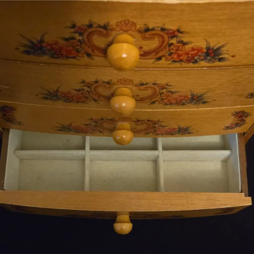 Vintage Wood Dresser Style Jewelry Box 4 Drawer Floral Painted, Cottagecore